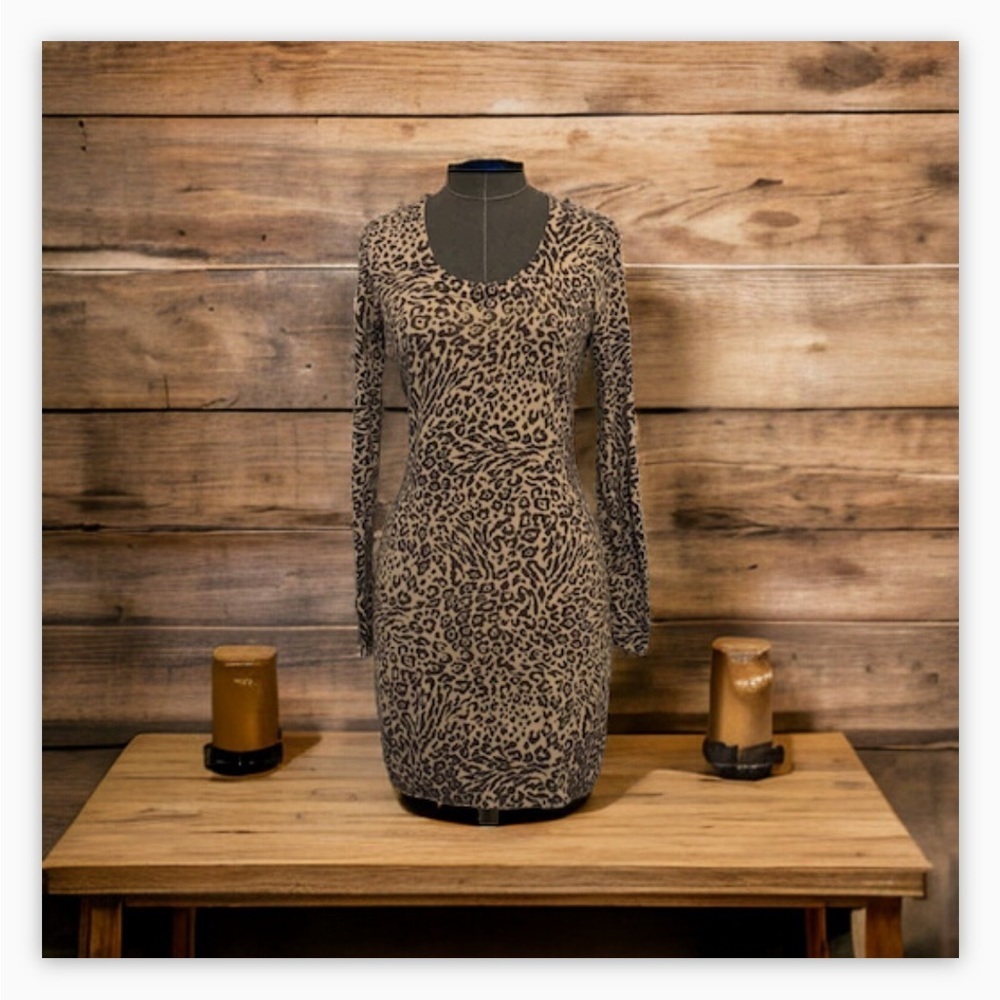 Jacob Leopard Print Dress Small Long Sleeve Crew Neck Animal Bodycon Mini Brown - Picture 5 of 10